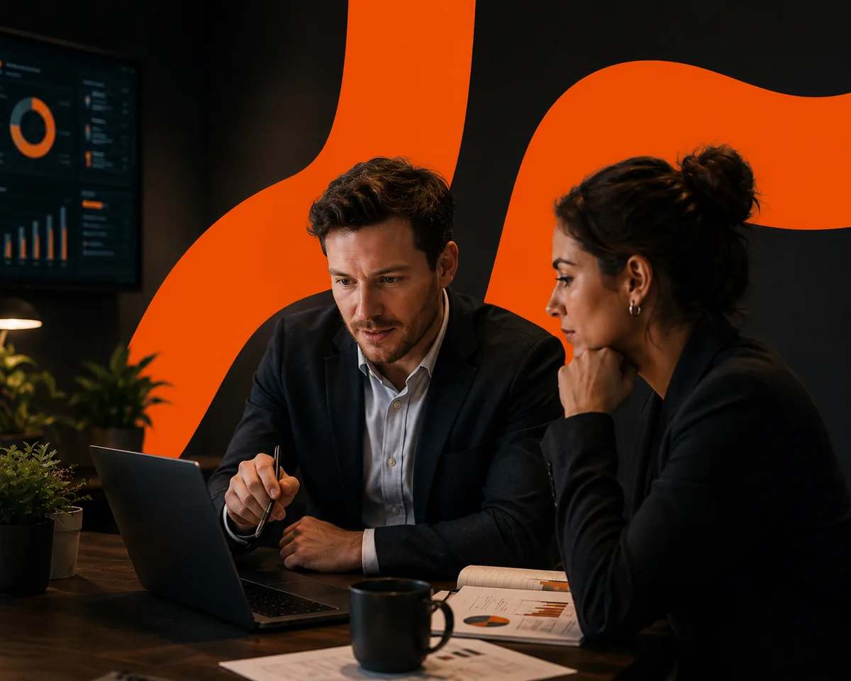 Business analysts reviewing requirements and dashboards on a laptop together in a modern office